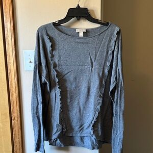LOFT Gray Long Sleeve Top with Ruffle Accents